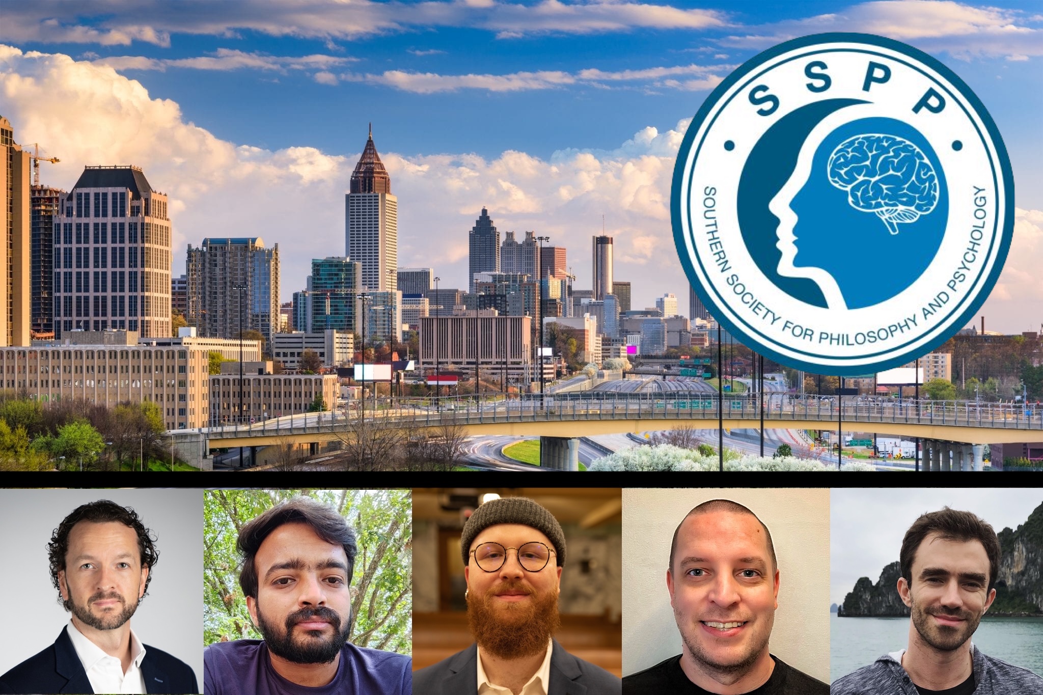 An image of the Atlanta skyline with the SSPP logo on the top right and faces of UF Faculty, Postdocs, and Graduate Students.