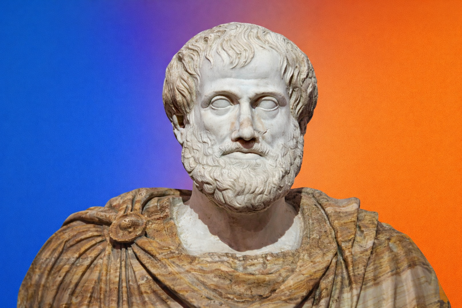 A marble bust of Aristotle over an orange and blue gradient